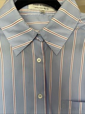 SOLID & STRIPED Sky Blue Button-Down Shirt with Pink and White Stripes